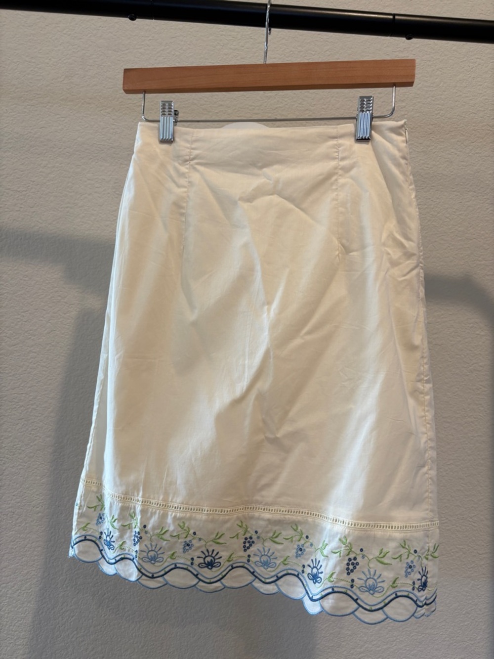 Cream A-Line Skirt with Blue & Green Embroidered Hem